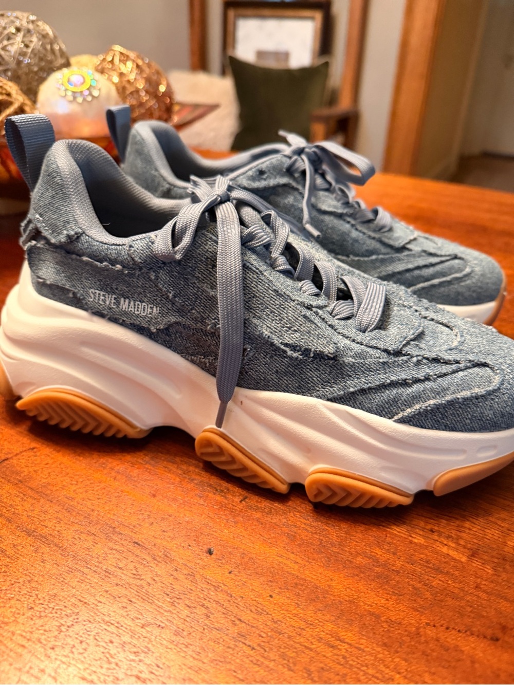 Steve Madden Blue Denim Platform Sneakers with Gum Outsole